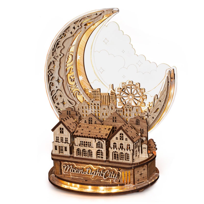 FUNPOLA 3D DIY Puzzle Moon City Model LED 3D Wood Puzzle 3D Wooden Puzzles for Adults Home Dcor Gifts for Kids and Adults White - Image 3