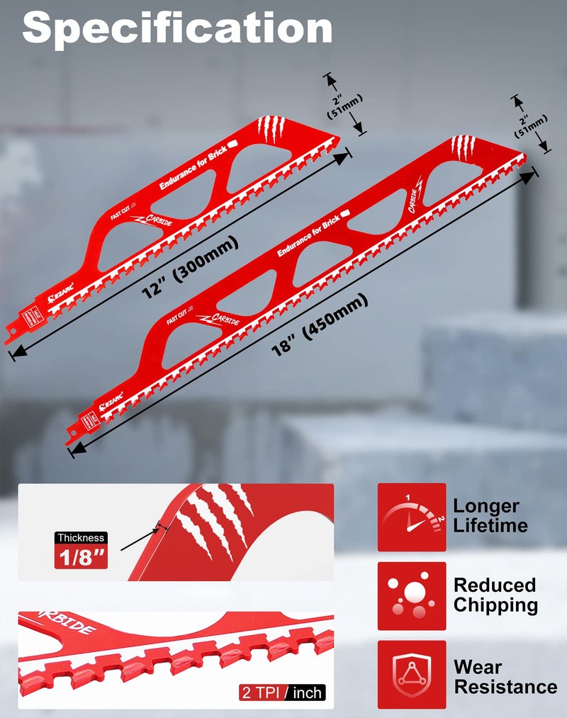 EZARC Demolition Masonry Reciprocating Saw Blades 12 Inch/18 Inch, Carbide Sawzall Blades for Cutting Aerated Concrete and Hollow Brick, 2-Pack - Image 4