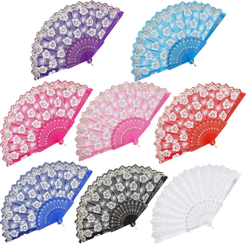 BABEYOND 8pcs Floral Folding Hand Fan Vintage Handheld Lace Folding Fan with Plum Flower Patterns Fabric Folding Fan for Wedding Dancing Party
