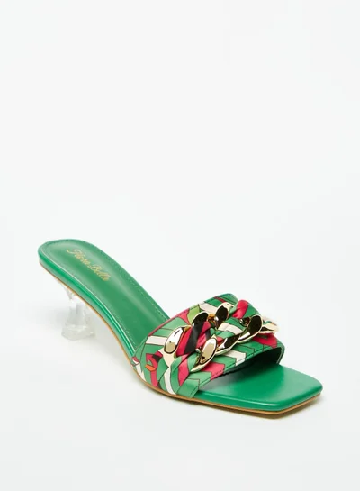 Flora Bella Printed Slip-On Slide Sandals with Chain Detail and Spool Heels