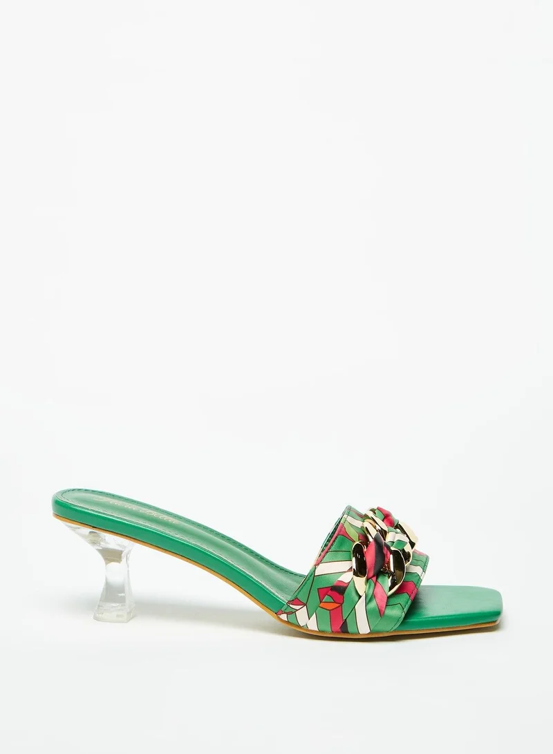 Flora Bella Printed Slip-On Slide Sandals with Chain Detail and Spool Heels