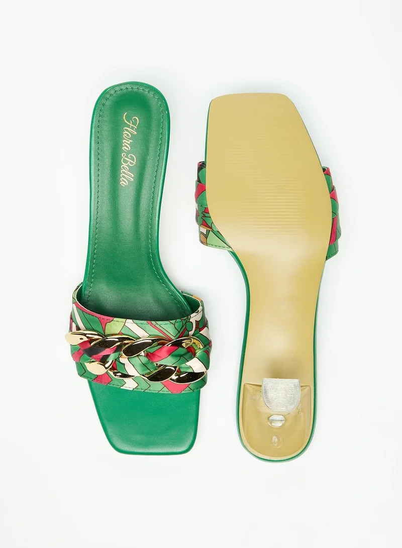 Flora Bella Printed Slip-On Slide Sandals with Chain Detail and Spool Heels