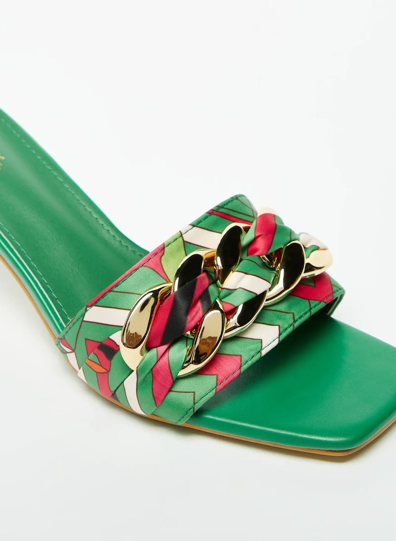 Flora Bella Printed Slip-On Slide Sandals with Chain Detail and Spool Heels