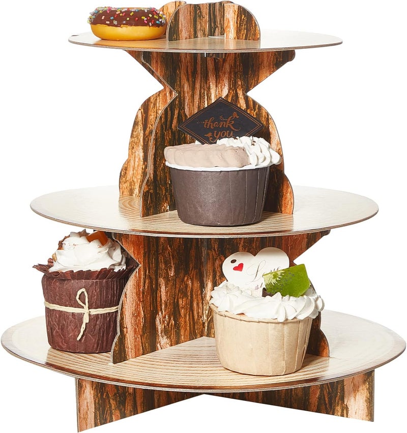 كلاراكو حامل كب كيك من الورق المقوى على شكل غابة بثلاث طبقات، برج كب كيك دائري بري، حامل كب كيك من الخشب، برج حلوى لحفلات أعياد الميلاد، لوازم ديكور - Image 1