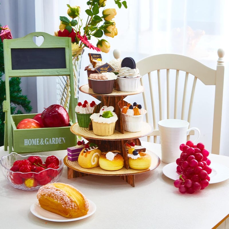 كلاراكو حامل كب كيك من الورق المقوى على شكل غابة بثلاث طبقات، برج كب كيك دائري بري، حامل كب كيك من الخشب، برج حلوى لحفلات أعياد الميلاد، لوازم ديكور - Image 3