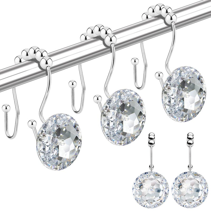 Yapicoco Shower Curtain Hooks Rings for Bathroom 12PCS Double Hooks Glide Anti Rust Crystal Rhinestones Shower Curtain Rings Hangers for Shower Curtains Clothing Towels etc Clear