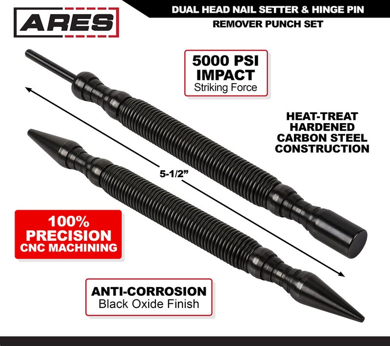 ARES ARES 10012 – 2-Piece Dual Head Nail Setter & Hinge Pin Remover Punch Set – Nail Setter Features 1/32-Inch (#1) and 1/16-Inch (#2) Dual Head Design – CNC-Precision Machined - 5000 PSI Striking Force  - Image 3