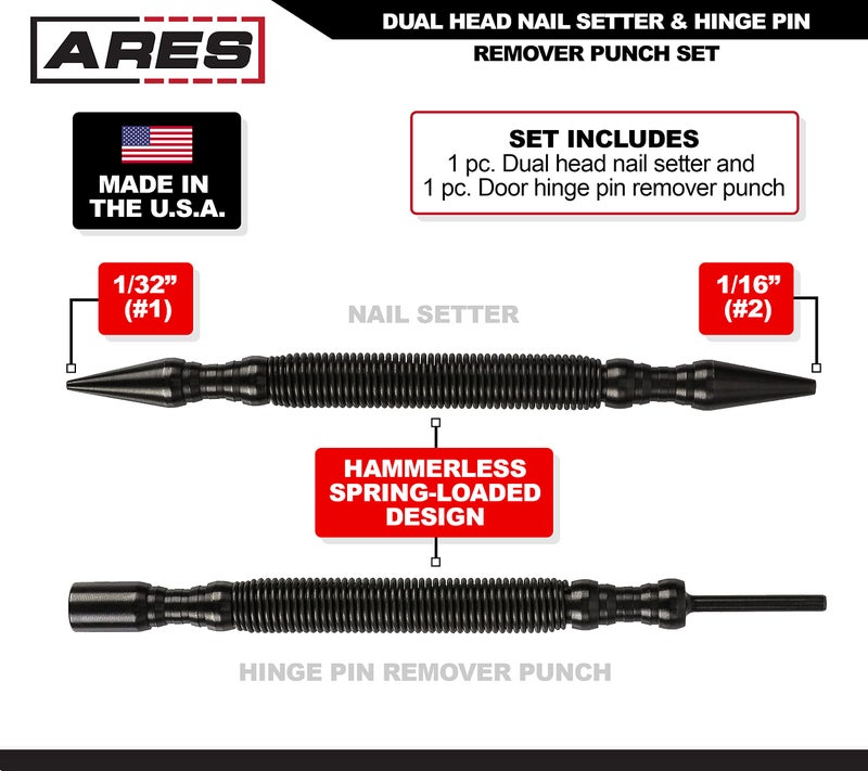 ARES ARES 10012 – 2-Piece Dual Head Nail Setter & Hinge Pin Remover Punch Set – Nail Setter Features 1/32-Inch (#1) and 1/16-Inch (#2) Dual Head Design – CNC-Precision Machined - 5000 PSI Striking Force  - Image 2