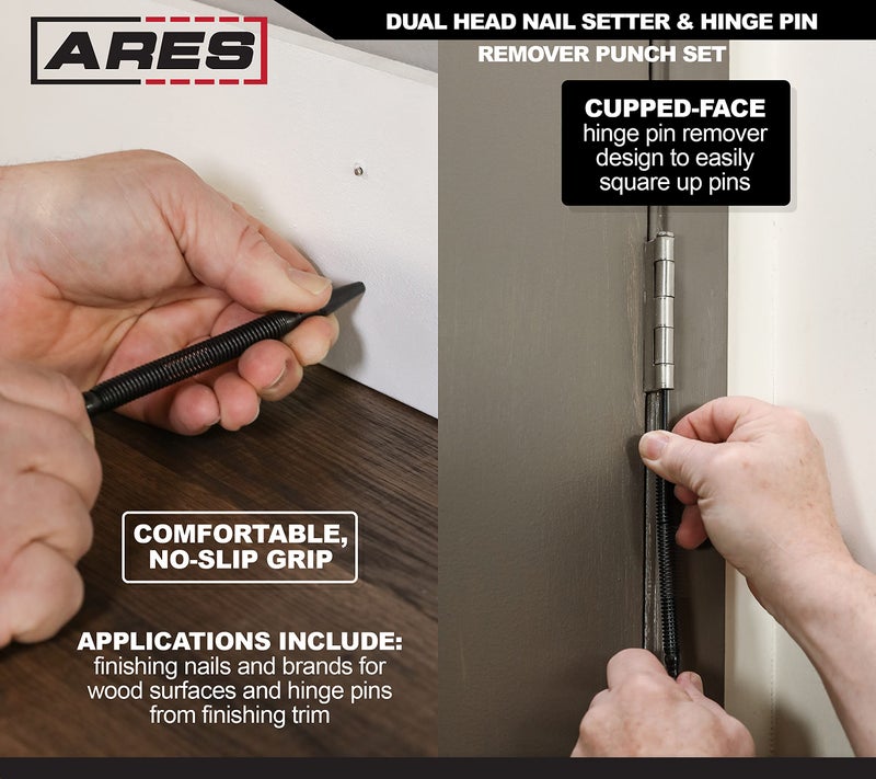 ARES ARES 10012 – 2-Piece Dual Head Nail Setter & Hinge Pin Remover Punch Set – Nail Setter Features 1/32-Inch (#1) and 1/16-Inch (#2) Dual Head Design – CNC-Precision Machined - 5000 PSI Striking Force  - Image 4