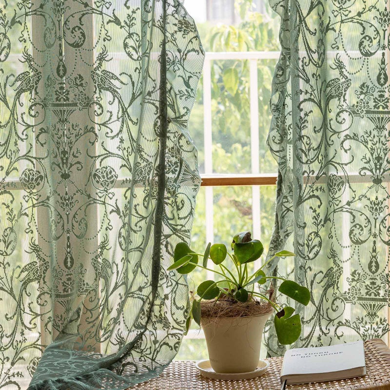 TUDECO Green Sheer Curtains 84 Inch Long  Rustic Country Lace Curtains for Living Room Tulle Floral Ruffle Privacy Spring Decor Light Filtering Window Curtains 59 x 84 Inch Forest Green