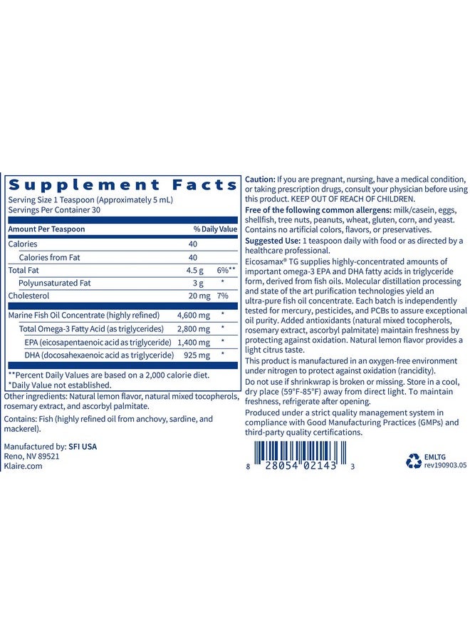 Klaire Labs - Eicosamax Tg Fish Oil Ultra Pure Omega 3 Fish Oil Pills With Epa/Dha Sustainably Sourced Natural Lemon Flavor For No Fishy Burps Or Aftertaste (30 Servings / 5 Fl Oz) - Image 1