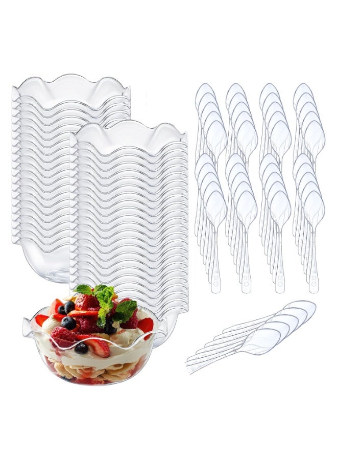 Bukela 60pcs Small Plastic Dessert Bowls with 60 Spoons, Ice Cream Bowls, Reusable Flower Shaped Party Serving Elegant Buffet Serving Cups for Nuts, Salad, Fruit, Snacks and Yogurt (Clear,120ml) - Image 1