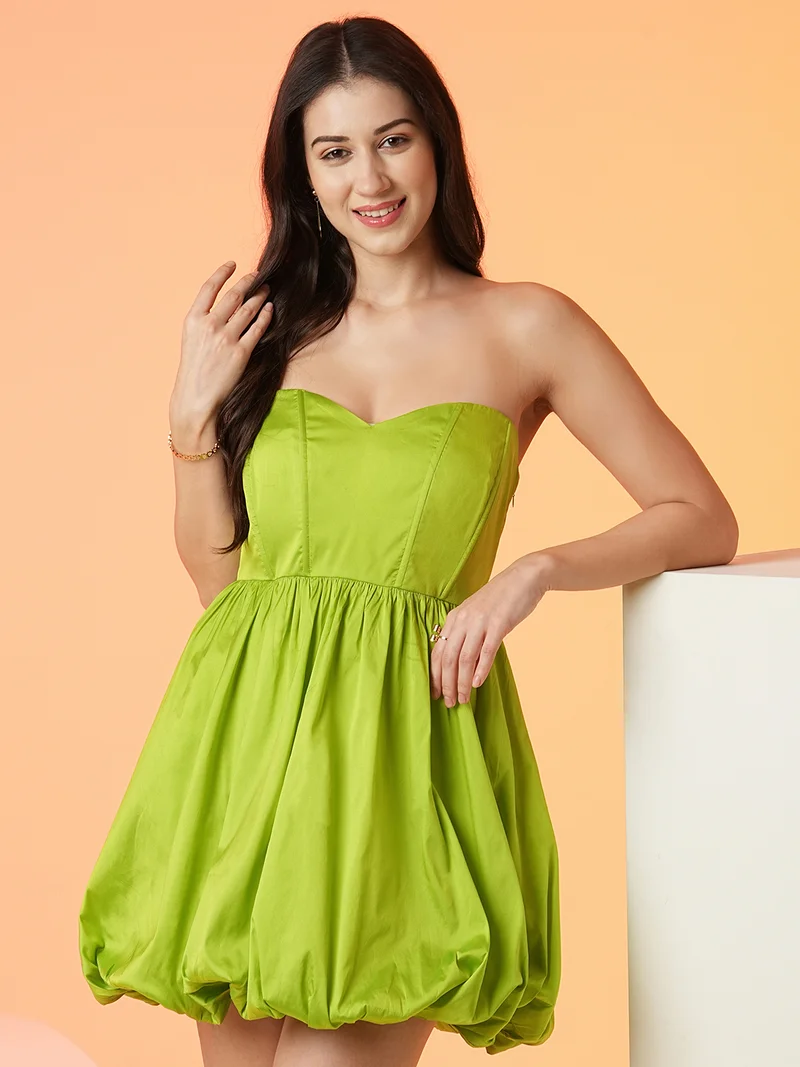 جلو باص فستان سهرة نسائي أخضر ليموني بدون حمالات بياقة قلب وكم منفوش