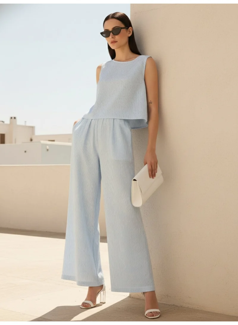 Outzidr  Blue Stripes Crop Top And Loose Fitted Pants Co-Ords for Women | Best Price UAE