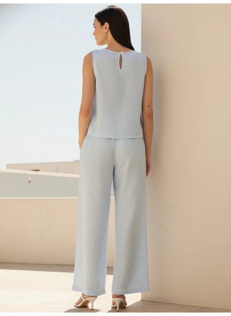 Outzidr  Blue Stripes Crop Top And Loose Fitted Pants Co-Ords for Women | Best Price UAE