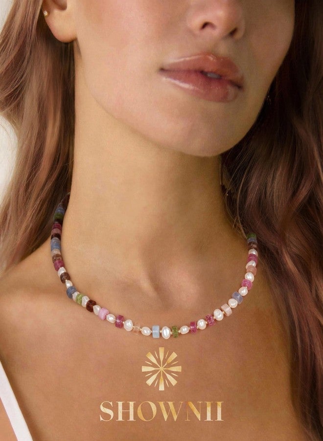 shownii Colorful Beaded Necklace for Women Boho Beaded Choker Necklace Natural Stone Rainbow Necklaces for Women 14K Gold Plated Handmade Jewelry (Transparent Pink Purple & Pearls) - Image 2