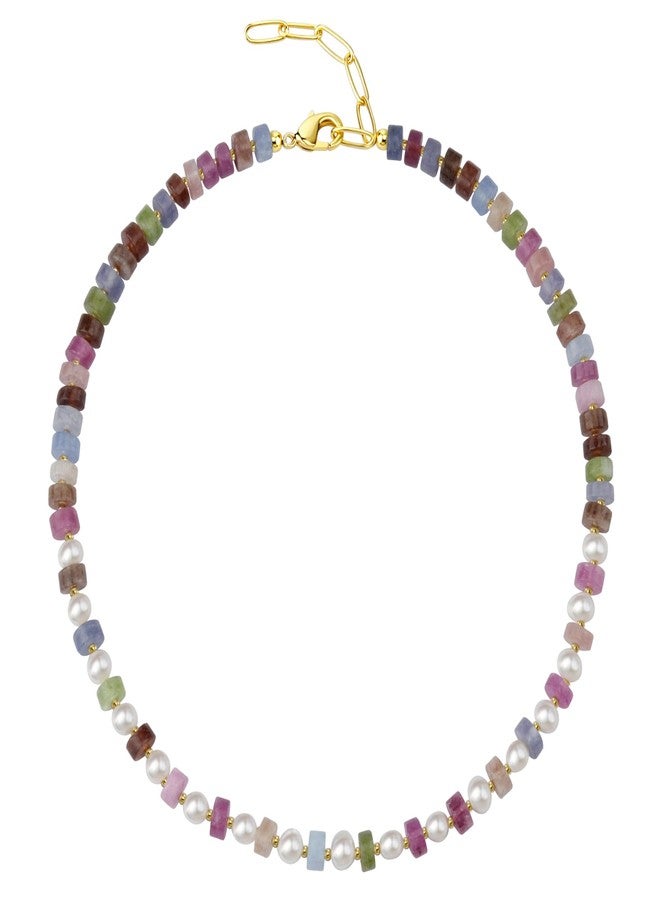 shownii Colorful Beaded Necklace for Women Boho Beaded Choker Necklace Natural Stone Rainbow Necklaces for Women 14K Gold Plated Handmade Jewelry (Transparent Pink Purple & Pearls) - Image 1