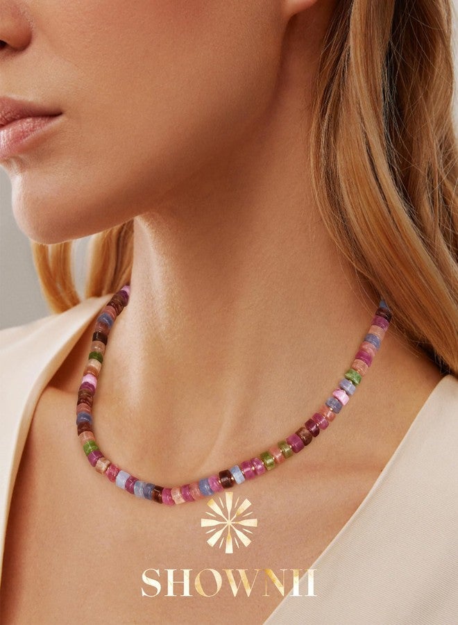shownii Colorful Beaded Necklace for Women Boho Beaded Choker Necklace Natural Stone Rainbow Necklaces for Women 14K Gold Plated Handmade Jewelry (Transparent Pink Purple & Pearls) - Image 3