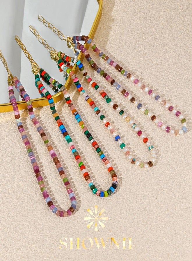 shownii Colorful Beaded Necklace for Women Boho Beaded Choker Necklace Natural Stone Rainbow Necklaces for Women 14K Gold Plated Handmade Jewelry (Transparent Pink Purple & Pearls) - Image 5