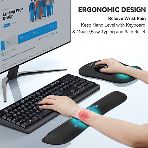 TECKNET Keyboard Wrist Rest and Mouse Pad with Wrist Support, Memory Foam Set for Computer/Laptop/Mac, Lightweight for Easy Typing & Pain Relief Ergonomic Mousepad (Black) - Image 2