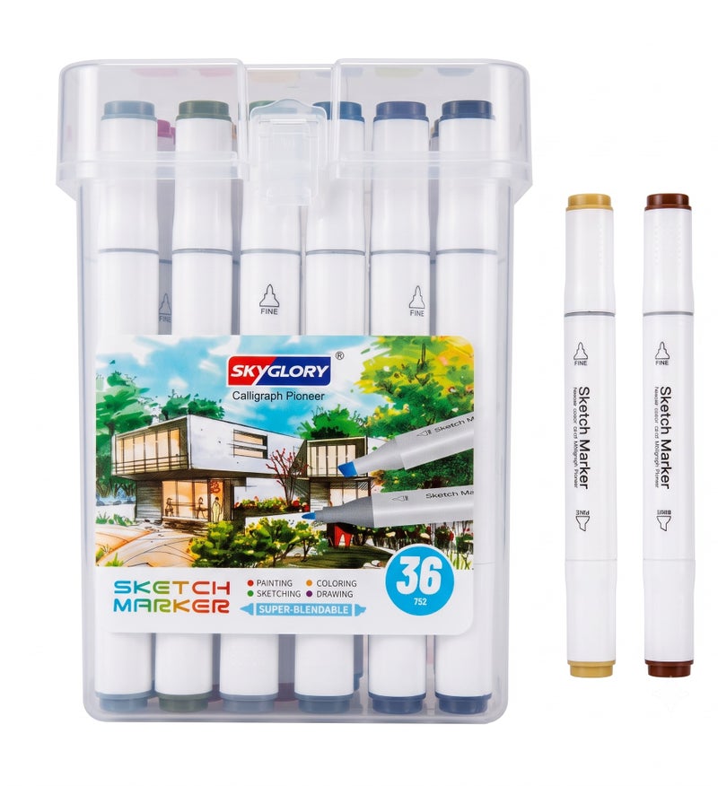 Sky Glory SKYGLORY Calligraph Pioneer Dual Tip Sketch Marker Set With Clear Storage Case Multicolour 36Pieces HA-845 - Image 1