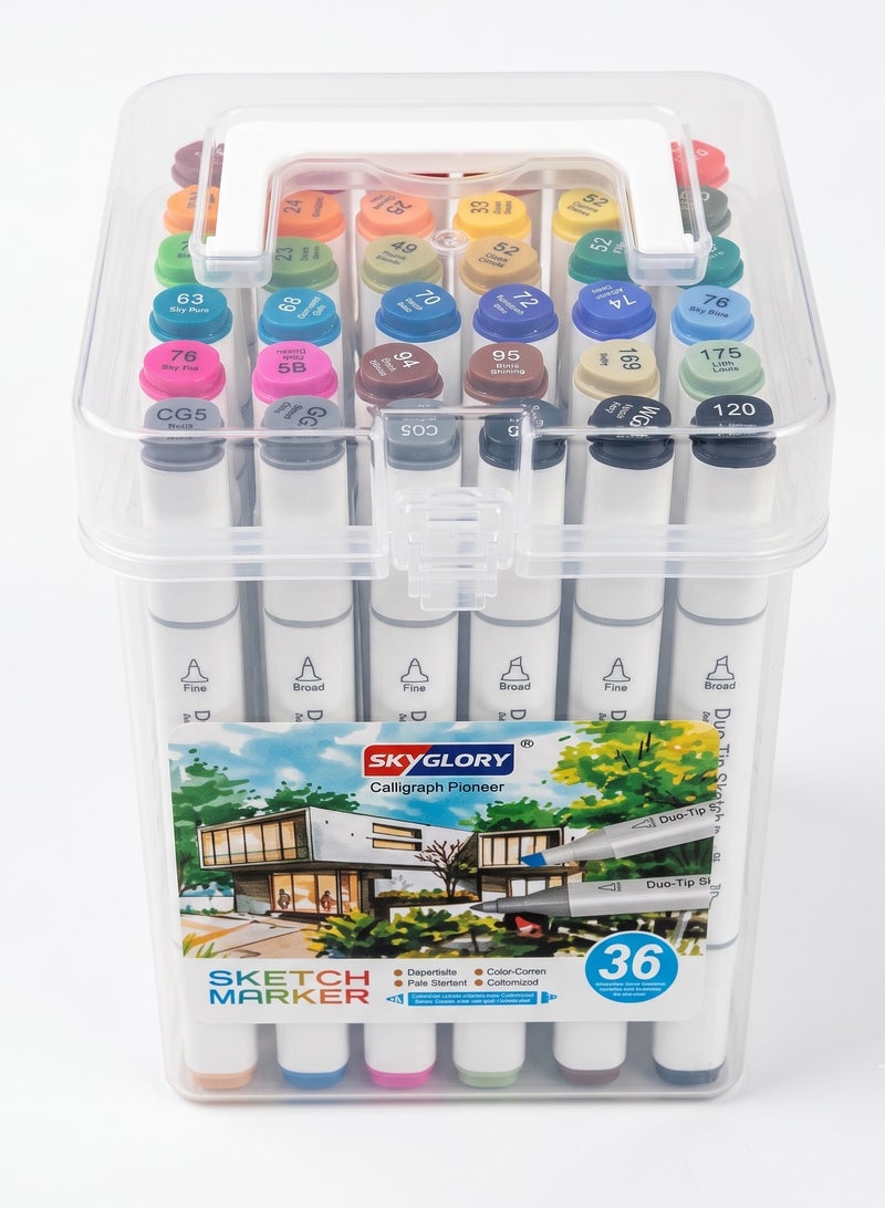 Sky Glory SKYGLORY Calligraph Pioneer Dual Tip Sketch Marker Set With Clear Storage Case Multicolour 36Pieces HA-845 - Image 2
