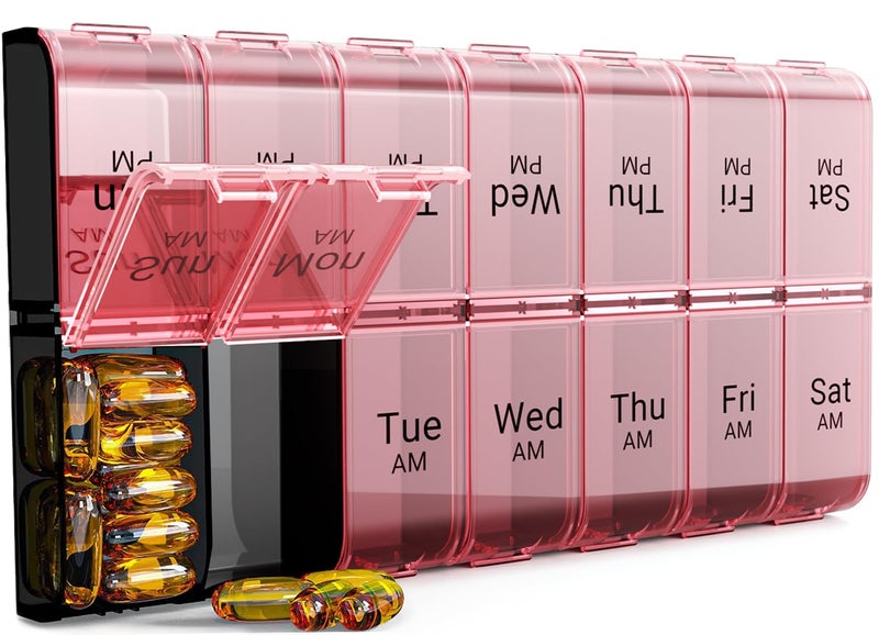 COLORWING AM PM Extra Large Pill Organizer XL 7 Day Pill Organizer 2 Times a Day Weekly Daily Pill Case Day Night Oversized Medicine Box Vitamin Holder Big Pill Container Pink