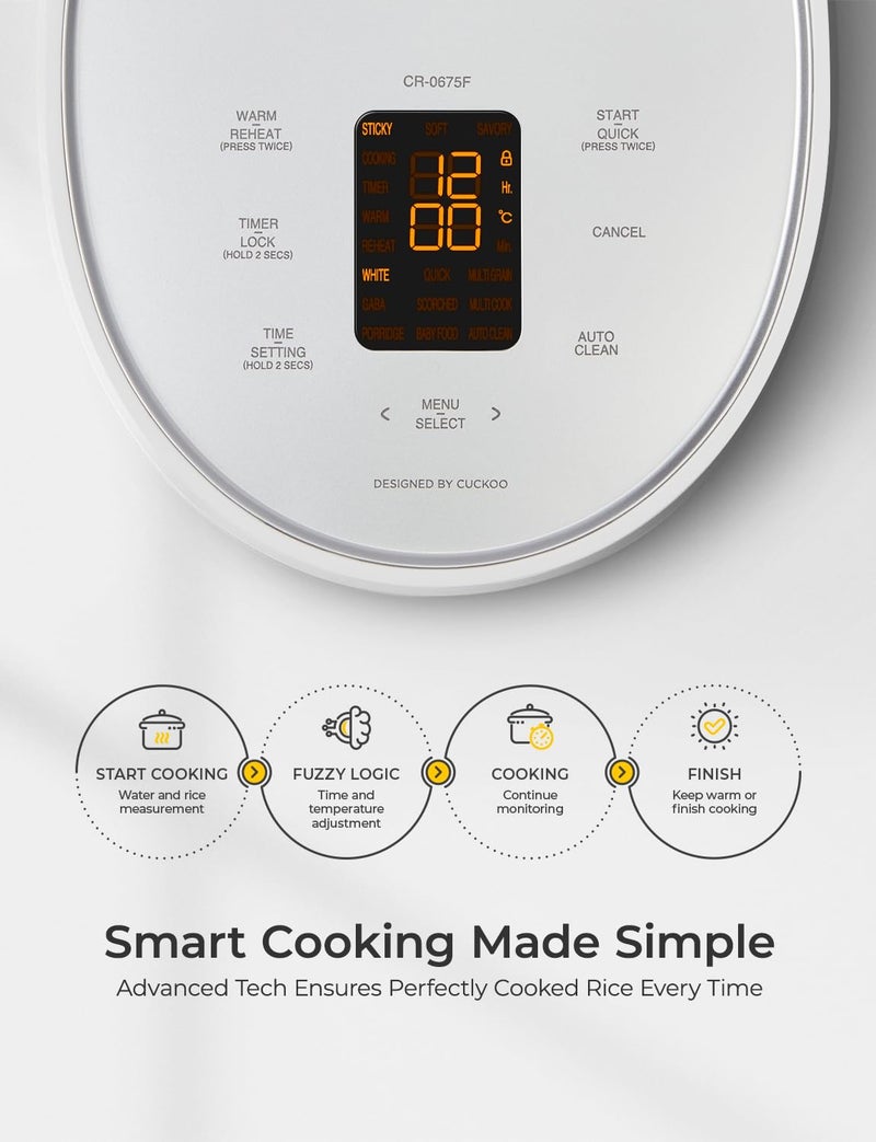 CUCKOO Micom Rice Cooker 6-Cup Uncooked / 12-Cup Cooked with Nonstick Inner Pot, Versatile Rice Maker with 9 Menu Options, Fuzzy Logic Technology, Auto Clean, Quick Rice Mode, White (CR-0675FW) - Image 4