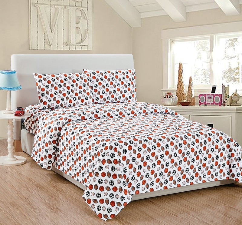 Linen Plus Sheet Set for Teens Kids Sports Soccer Basketball Football Baseball White Orange Brown Black Flat Sheet and Fitted Sheet and Pillow Case Twin Size New - Image 2