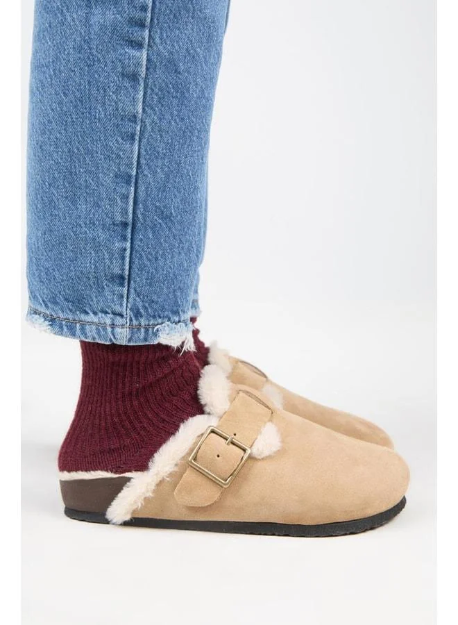 Zeta 2 Fur Women's Genuine Leather Belted Buckle Sand Slippers.