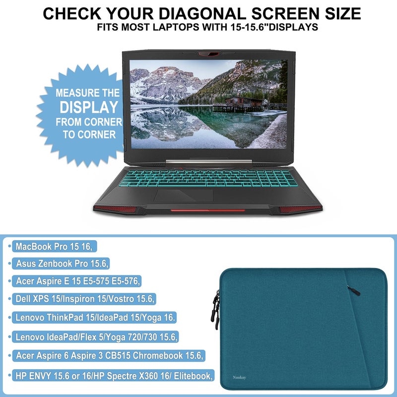 Naukay Laptop Sleeve 15.6 Inch  Shockproof Protective Computer Sleeve Cover With Accessories Pocket  Water Resistant Traveling Carrying Laptop Bag Compatible For Macbook Dell Hp Acer Asus Lenovo  Cyan - Image 4