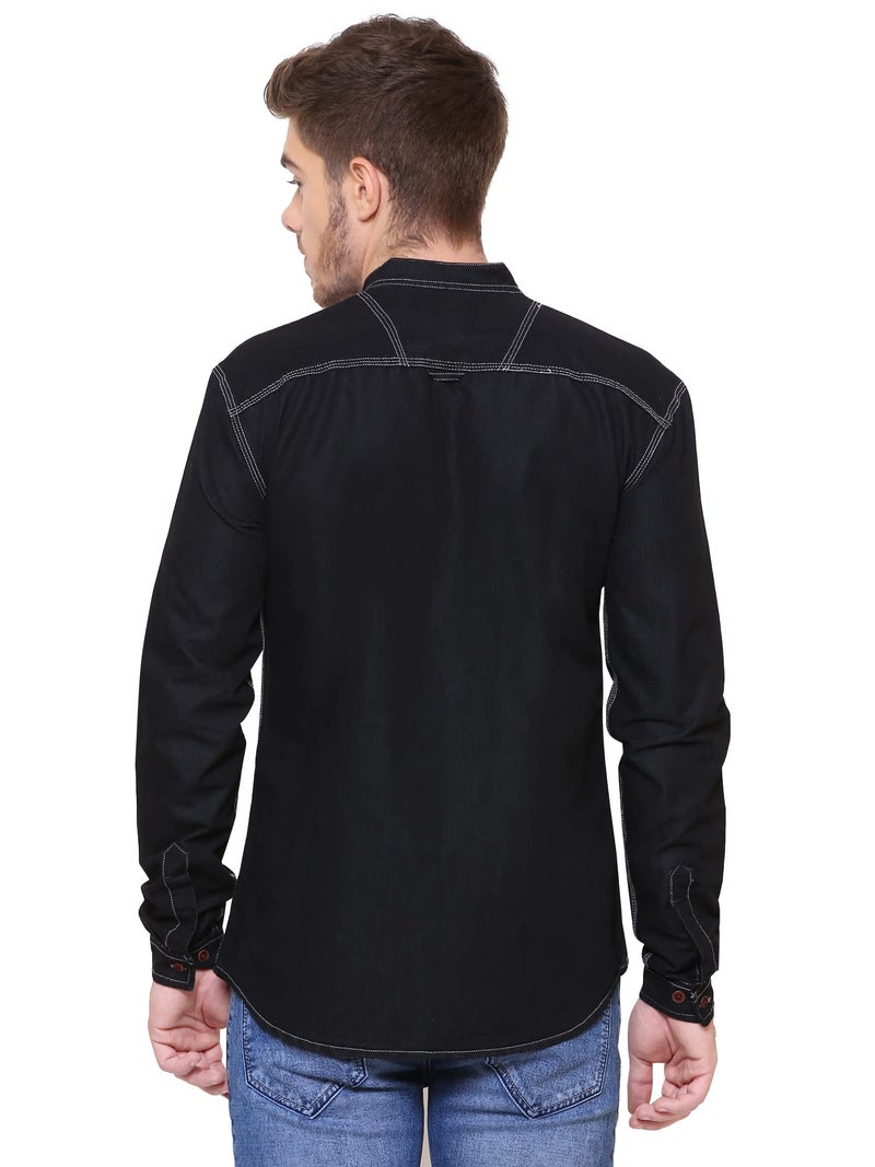 Kuons Avenue Men's Black Mandarin Collar Denim Casual Shirt | Chinese Collar Shirts for Men (KACLFS1241G-M_Black_Medium) - Image 2