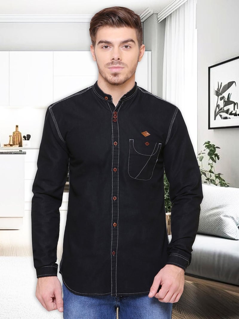 Kuons Avenue Men's Black Mandarin Collar Denim Casual Shirt | Chinese Collar Shirts for Men (KACLFS1241G-M_Black_Medium) - Image 4