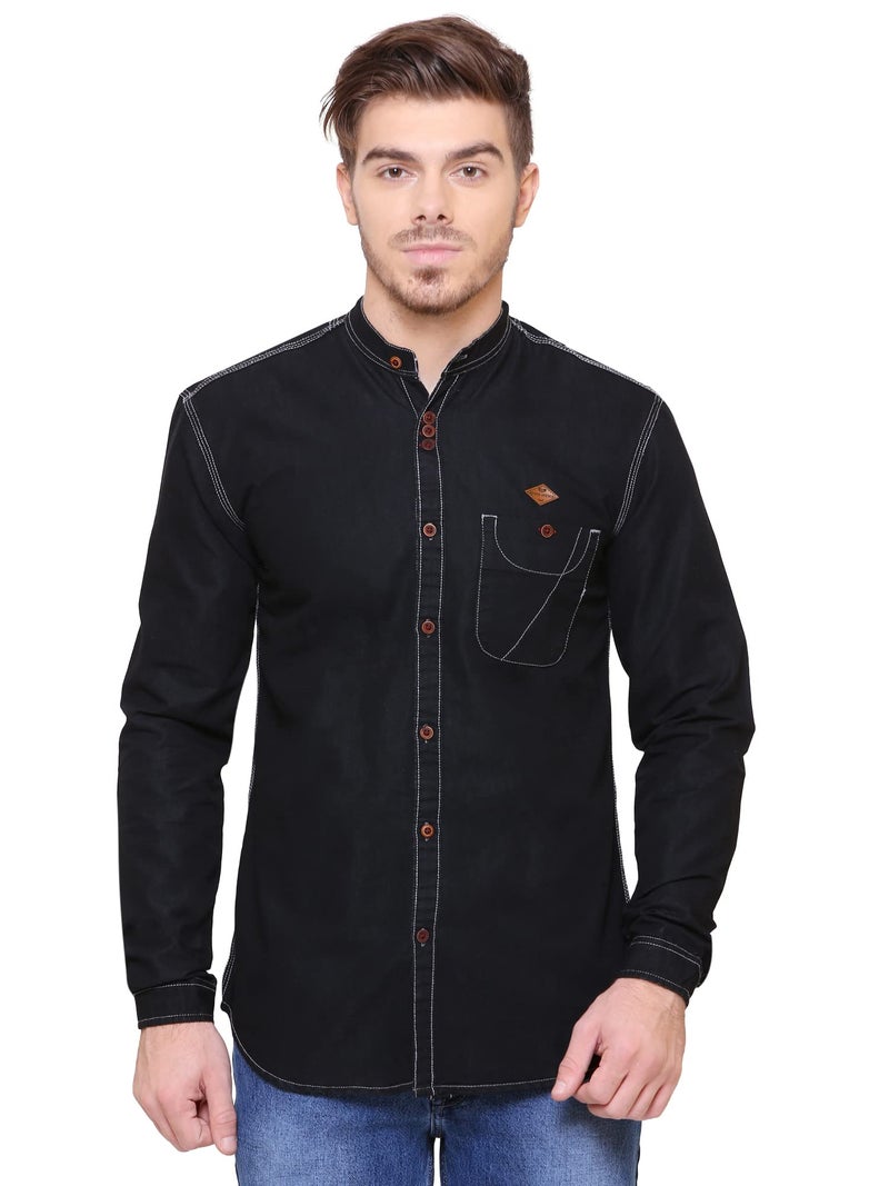 Kuons Avenue Men's Black Mandarin Collar Denim Casual Shirt | Chinese Collar Shirts for Men (KACLFS1241G-M_Black_Medium) - Image 1