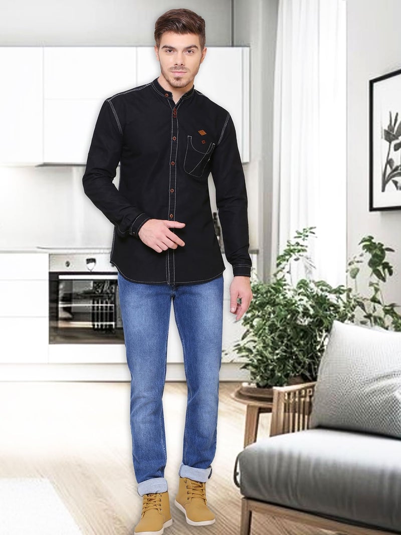 Kuons Avenue Men's Black Mandarin Collar Denim Casual Shirt | Chinese Collar Shirts for Men (KACLFS1241G-M_Black_Medium) - Image 3