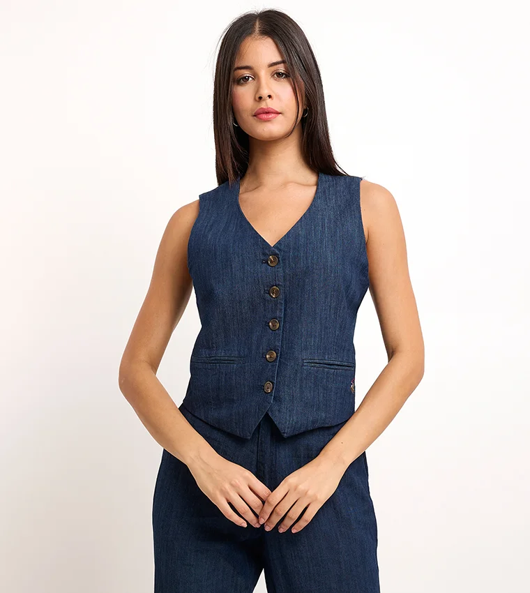 Logo Embroidered Denim Waistcoat