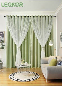 LEOKOR 2 Panels Stars Blackout Curtains Tulle Overlay Star Cut Out Silver Grommet Curtains 132x214CM  - Image 1