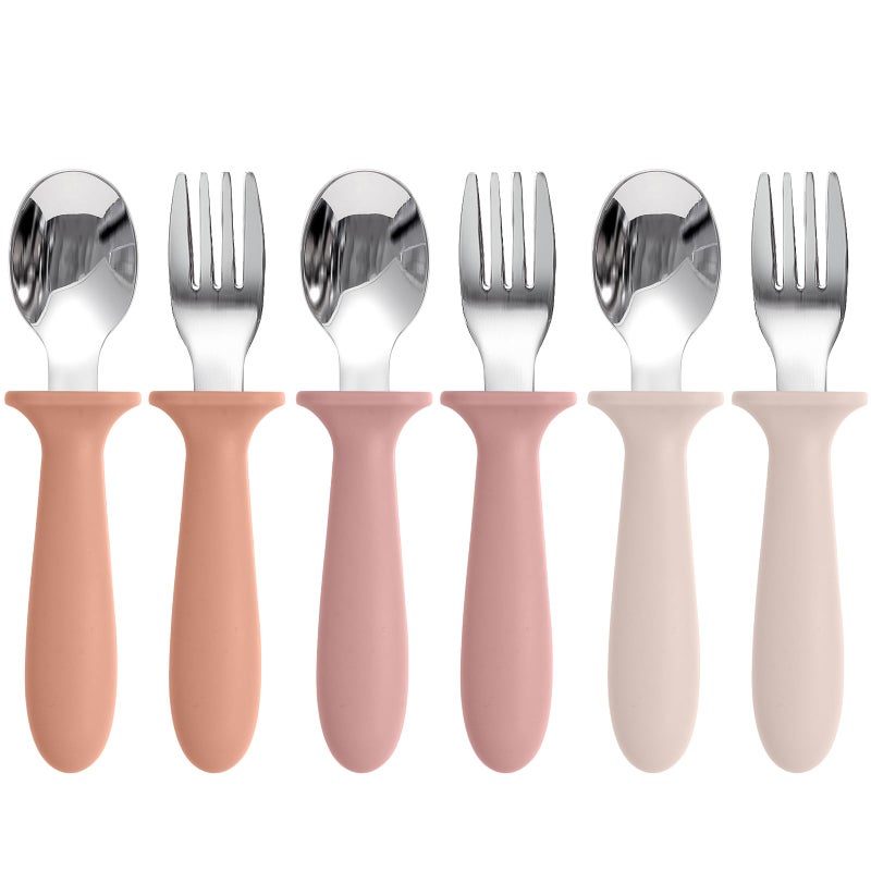 Eascrozn Toddler Spoons and Forks Set, 6 Pack Kids Silverware with Silicone Handle, BPA Free, 18/8 Stainless Steel Children Safe Toddler Utensils, Dishwasher Safe - Image 1