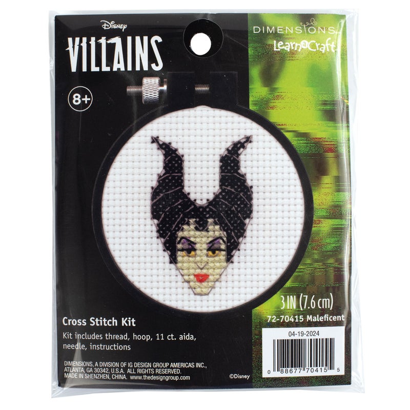Dimensions 72-70415 Disney's Maleficent Mini Beginner's Cross Stitch Kit, 3" Diameter, Multicolor, 5 Pieces - Image 1
