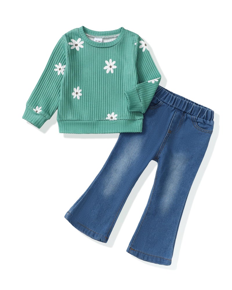 SODLON Baby Girl Clothes 12 18 Months Infant Winter Outfits 18 Months Girl Clothes Spring 12 Month Girls Clothes Fall Green Daisy Sweater Sweatshirt Denim Pants Jeans Clothing - Image 1