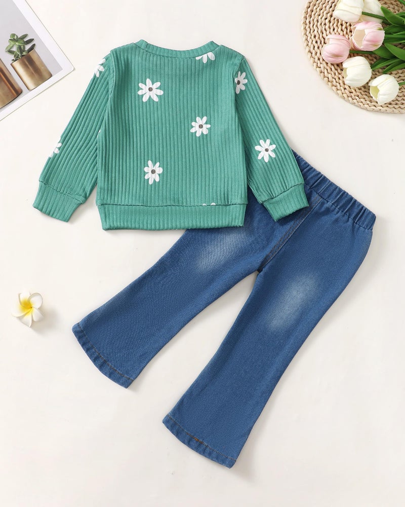 SODLON Baby Girl Clothes 12 18 Months Infant Winter Outfits 18 Months Girl Clothes Spring 12 Month Girls Clothes Fall Green Daisy Sweater Sweatshirt Denim Pants Jeans Clothing - Image 3