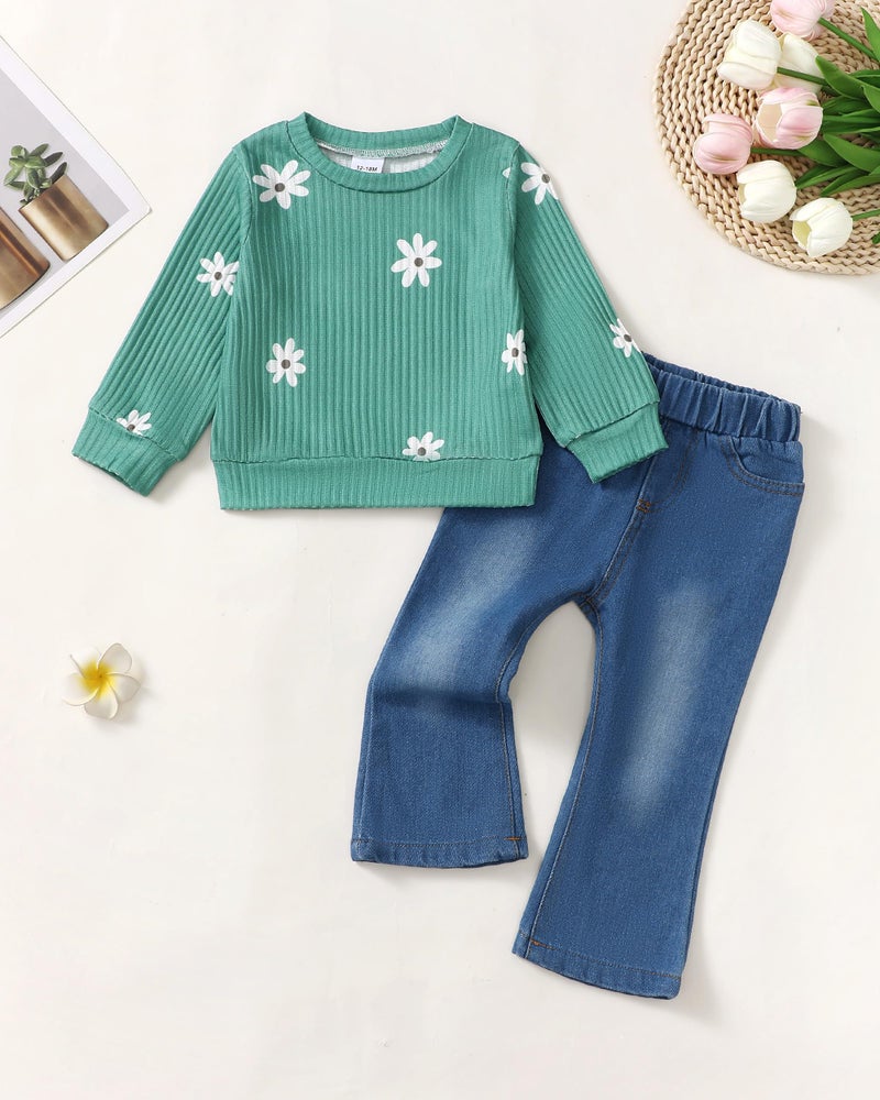 SODLON Baby Girl Clothes 12 18 Months Infant Winter Outfits 18 Months Girl Clothes Spring 12 Month Girls Clothes Fall Green Daisy Sweater Sweatshirt Denim Pants Jeans Clothing - Image 2