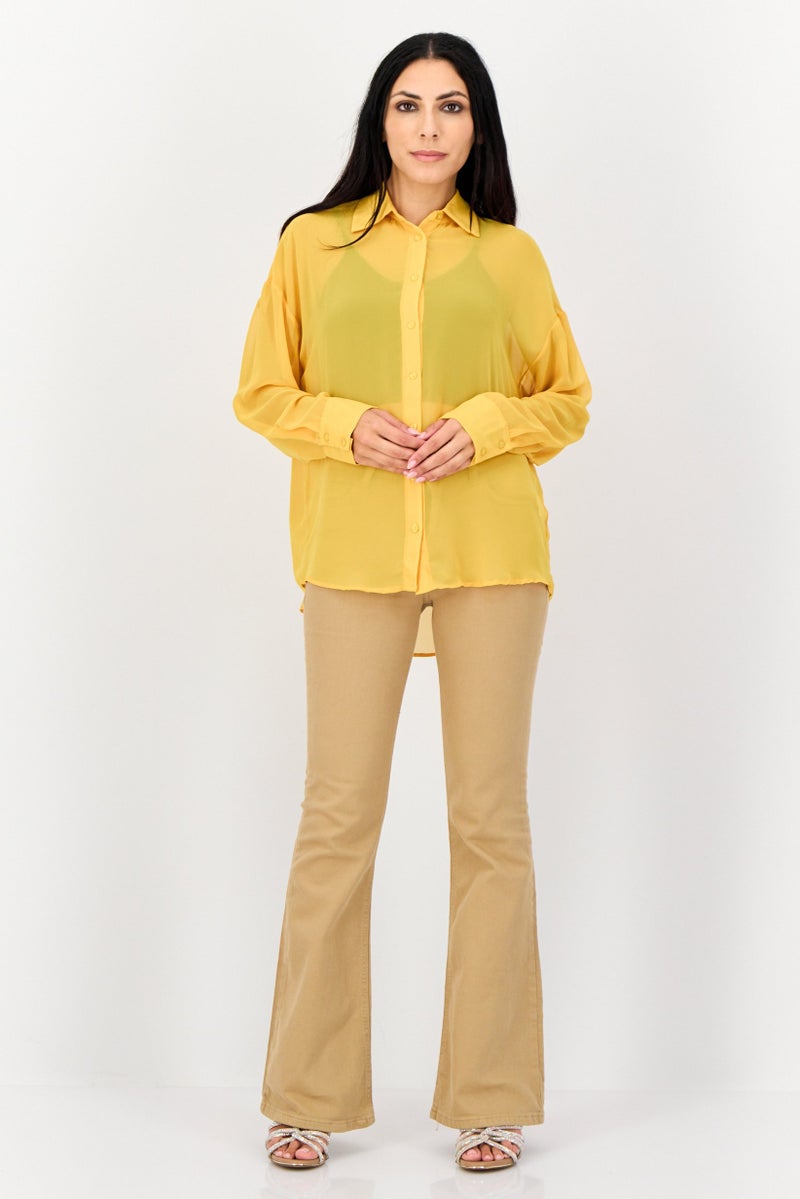 KOTON Women Spread Collar Solid Long Sleeves Blouse, Mustard - Image 3