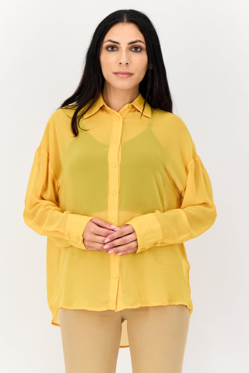 KOTON Women Spread Collar Solid Long Sleeves Blouse, Mustard - Image 1