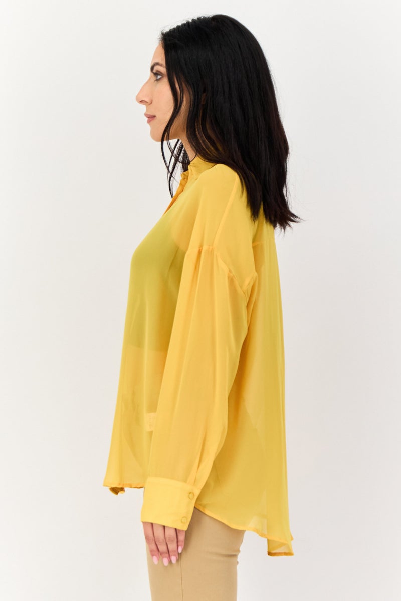 KOTON Women Spread Collar Solid Long Sleeves Blouse, Mustard - Image 4