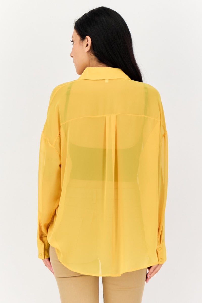 KOTON Women Spread Collar Solid Long Sleeves Blouse, Mustard - Image 2