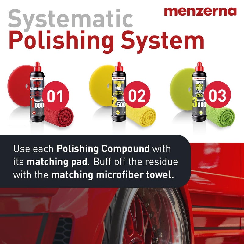 menzerna Polishing Set 8oz – HCC1000, MCC2500 & SFP3800 | 3-Step System incl. 3 Matching 6-Inch Pads & 3 Matching Microfiber Towels for Scratch Removal, Swirl Elimination & Mirror-Like Finish - Image 4