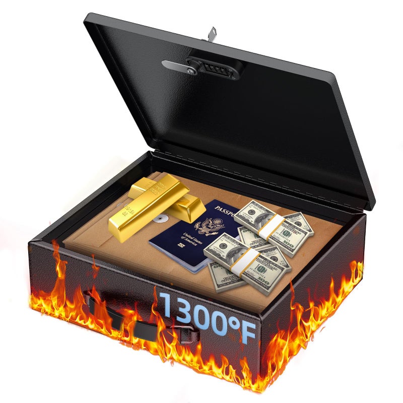 Uniclife Fireproof Document Box with Combination & Key Lock, 13" x 10.9" x 4.1", Large Metal Lock Box for A4 Paper, Portable Document Safe, Water Resistant Fireproof Safe Box for Valuables Passports - Image 1