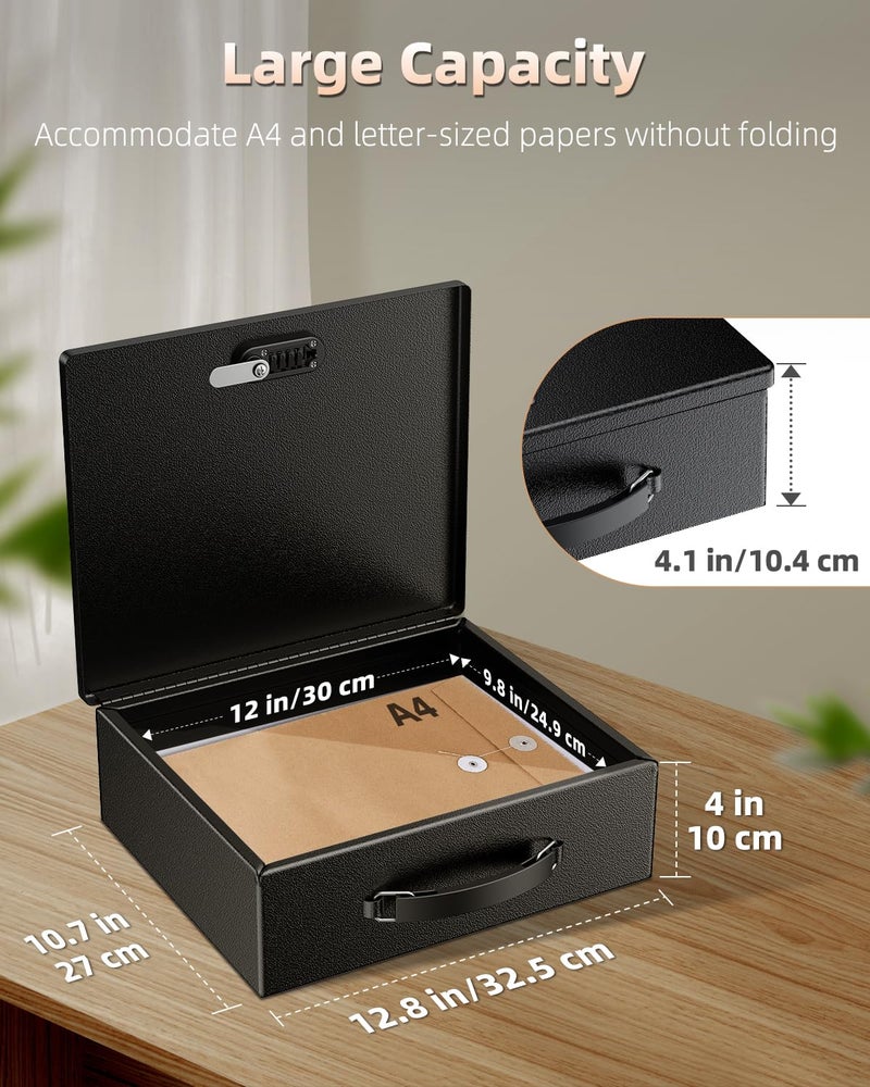 Uniclife Fireproof Document Box with Combination & Key Lock, 13" x 10.9" x 4.1", Large Metal Lock Box for A4 Paper, Portable Document Safe, Water Resistant Fireproof Safe Box for Valuables Passports - Image 2