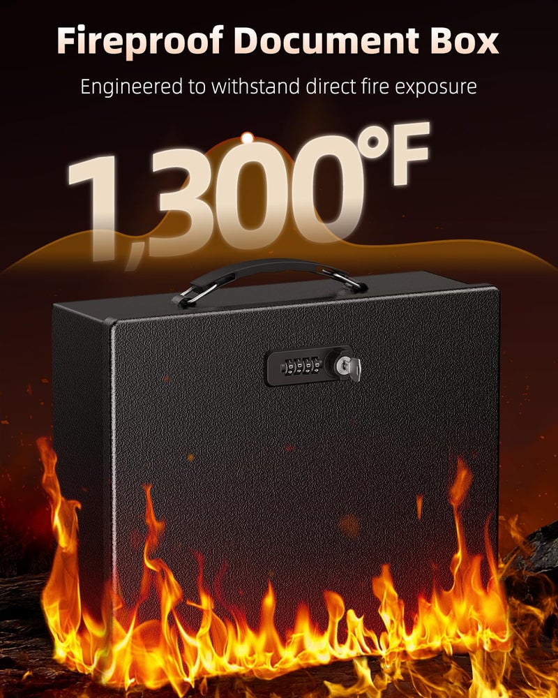 Uniclife Fireproof Document Box with Combination & Key Lock, 13" x 10.9" x 4.1", Large Metal Lock Box for A4 Paper, Portable Document Safe, Water Resistant Fireproof Safe Box for Valuables Passports - Image 3